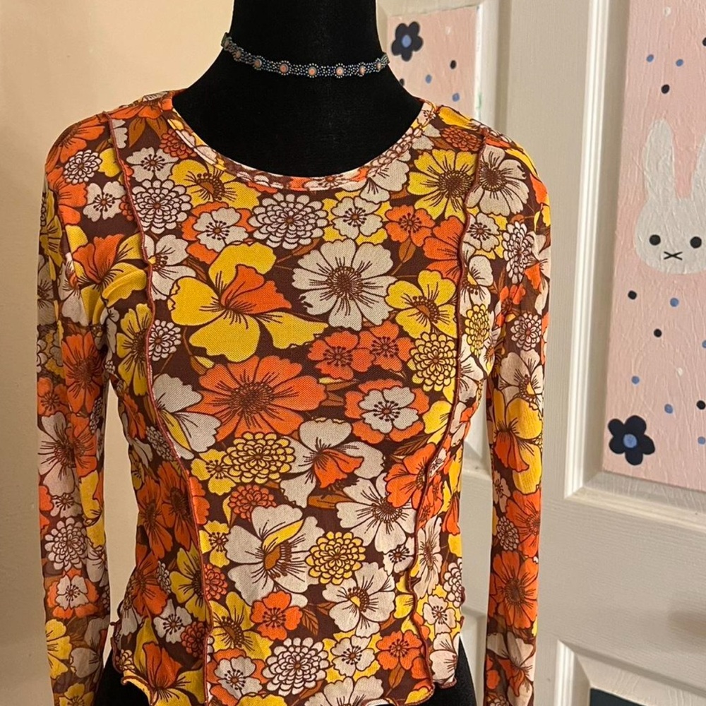 Ultra Flirt Floral Long Sleeve Blouse - Orange, Yellow, Brown